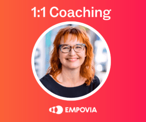 An orange to red ombre background with white text that says "1:1 Coaching" and Melinda's headshot and white Empovia logo