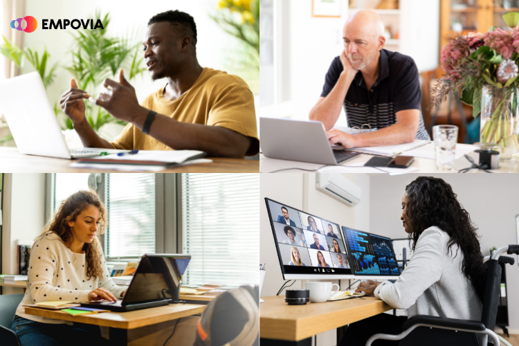 Four images. The first image shows a masculine presenting dark-skinned person with short black hair wearing a yellow shirt, talking in front of his white laptop. The second image shows a masculine presenting light-skinned person with a bald head, wearing black and white stripes collared shirt, typing on his laptop. The third image shows a feminine presenting light-skinned person with long blonde hair, wearing a black polka dot white sweater, typing on her laptop. The fourth image shows a feminine presenting dark-skinned person with long black hair, wearing white sweater, typing in front of her two monitor screens. On the top left corner of the image is Empovia logo.